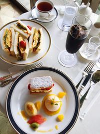 High angle view of breakfast served on table