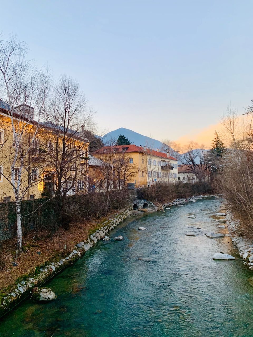 built structure, sky, architecture, water, nature, building exterior, bare tree, tree, river, clear sky, no people, bridge, waterfront, connection, bridge - man made structure, day, building, transportation, plant, outdoors, arch bridge, flowing water