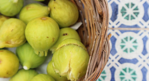 High angle view of fruits in basket at market stall