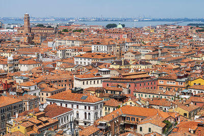 High angle view of residential district against sky