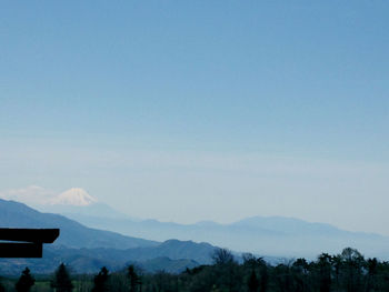 Scenic view of mountains against clear blue sky