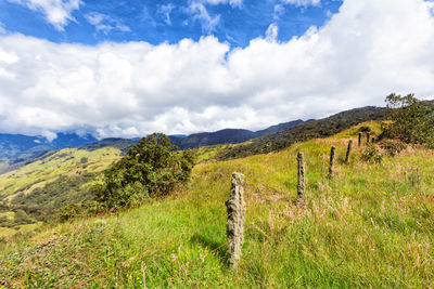 Scenic view of field and mountains against sky