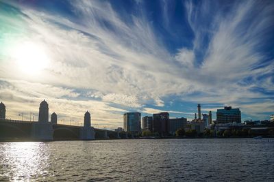 View of city buildings against cloudy sky