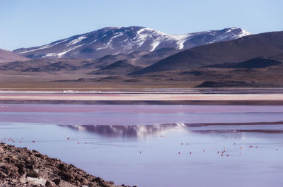 Scenic view of lake and snowcapped mountains against sky