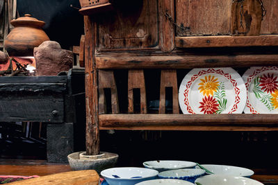 Variety and types of utensils for simple cooking of asian families in the past. 