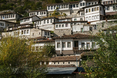 High angle view of residential buildings in town