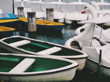 Close-up of boats moored in water