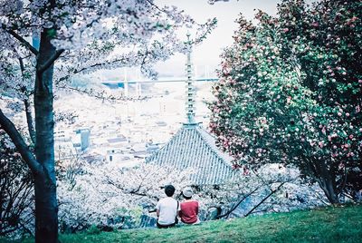 Rear view of people sitting on tree