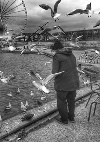 Full length of man flying birds at beach against sky