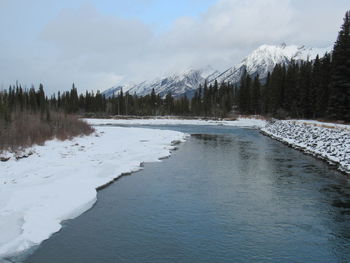 Scenic view of lake by snowcapped mountains against sky