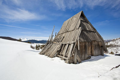 Snow covered landscape against sky