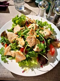 High angle view of salad in plate on table