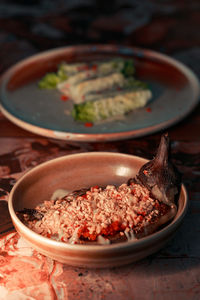 Close-up of food in plate on table