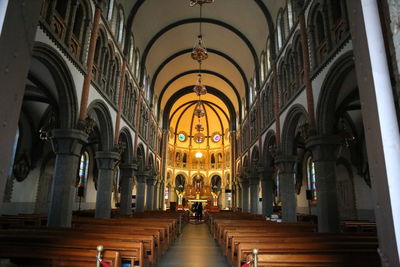 Pews in illuminated church