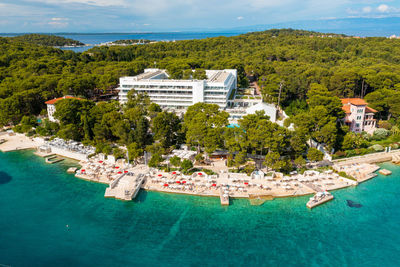 Aerial view of the beach near mali losinj on losinj island, the adriatic sea in croatia