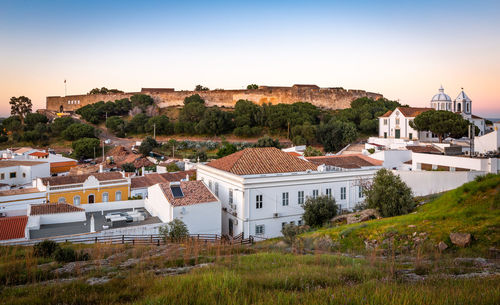 High angle view of townscape against clear sky