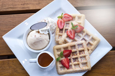 High angle view of breakfast on table