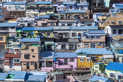 High angle view of houses in city