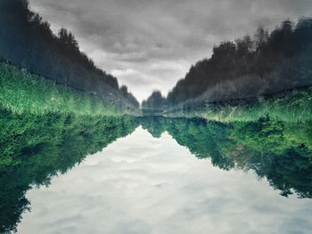 Reflection of trees on water against sky