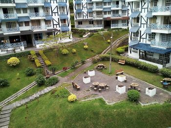 High angle view of residential buildings in city