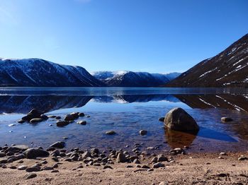 Scenic view of lake by mountains against sky