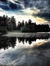 Scenic view of lake against cloudy sky