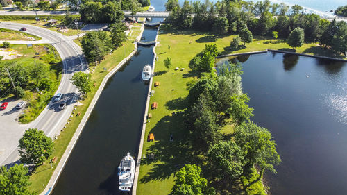 High angle view of boats on a canal