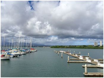 Sailboats moored in harbor against sky