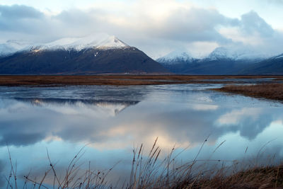 Beautiful lake, with magnificent mountain reflections, in the sveitarfelagio hornafjordur area 
