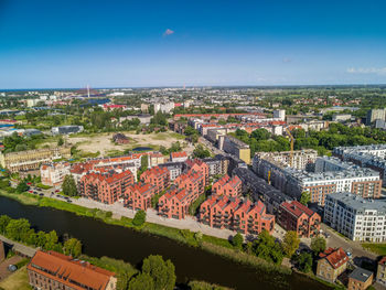 High angle view of buildings in city, aerial view of the new apartments in gdansk, poland. 