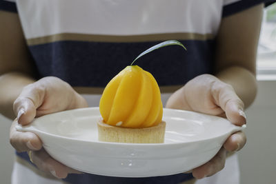 Midsection of woman holding fruit