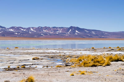 Scenic view of snowcapped mountains against clear sky