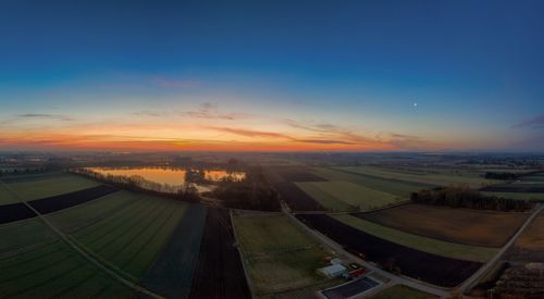 High angle view of landscape against sky during sunset