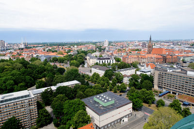 High angle view of buildings against sky