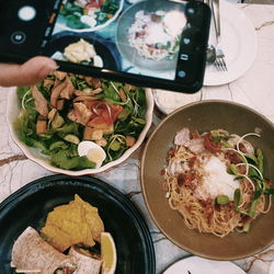 High angle view of meal served on table