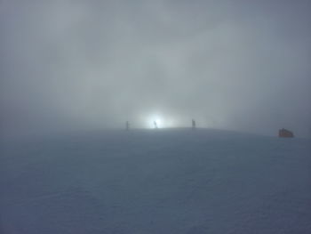 Scenic view of landscape against sky during foggy weather