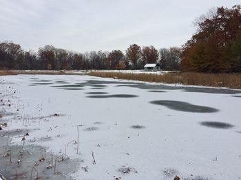 Scenic view of frozen field against sky