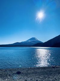 Scenic view of sea and mountains against clear blue sky