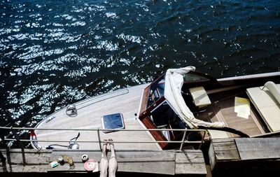 Boat on shore against sky