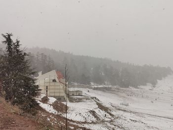 Scenic view of snow covered land against sky