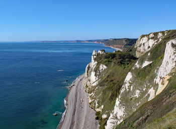 Scenic view of sea against clear blue sky