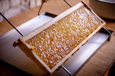 High angle view of dessert on table