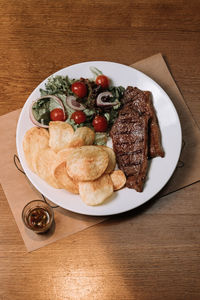 High angle view of food served in plate