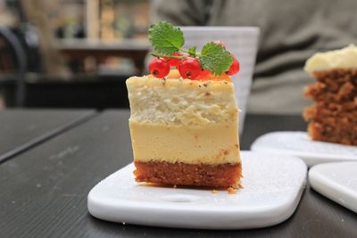 Close-up of cake served in plate on table