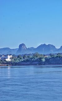 Scenic view of bay against clear blue sky