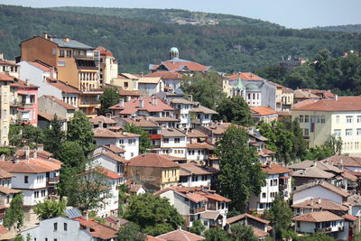 High angle view of buildings in town