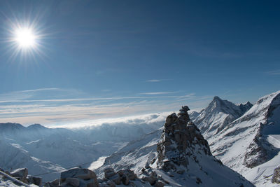 Hintertux glacier panorama on a sunny winter day. snowy background panorama, white winter scenery.