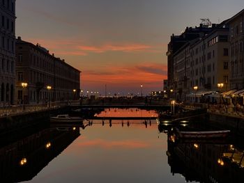 Illuminated buildings by canal against sky during sunset