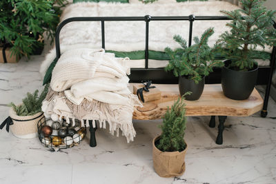 Christmas trees in pots in the interior decor of the bedroom 