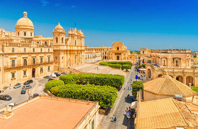 High angle view of buildings in city